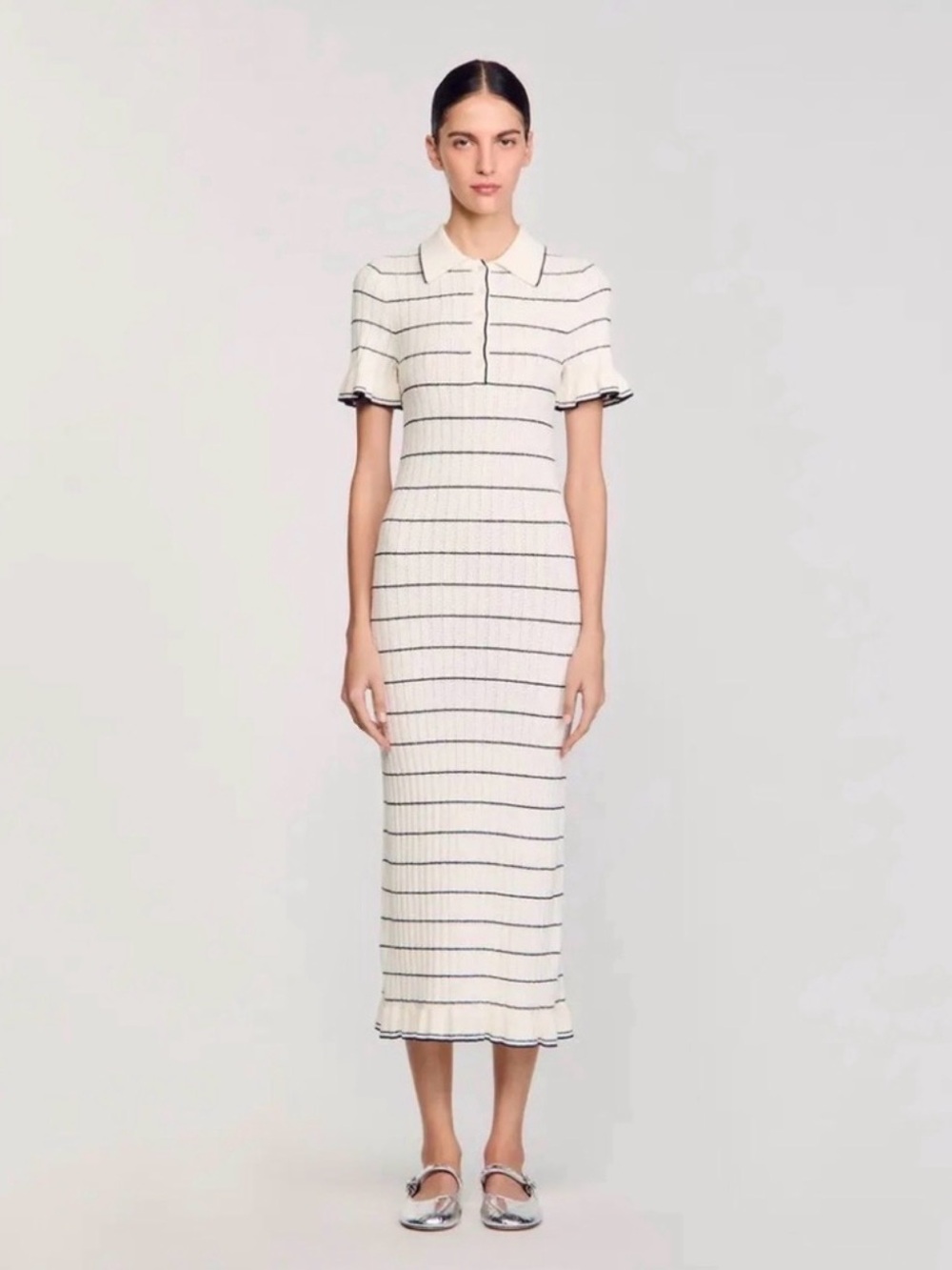 Sandro Paris Striped Cream Polo Midi Dress with Navy Trim